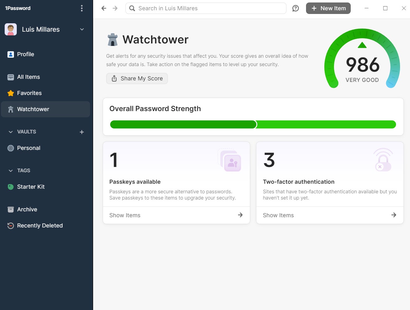 1Password Watchtower password health feature.