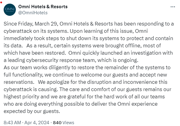美国知名酒店品牌Omni Hotels &amp; Resorts 遭受网络攻击，全国 IT 系统中断