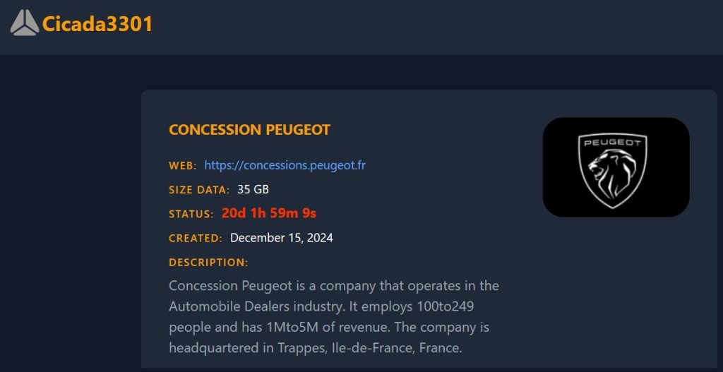 Cicada3301 勒索软件声称攻击了法国标致汽车经销商