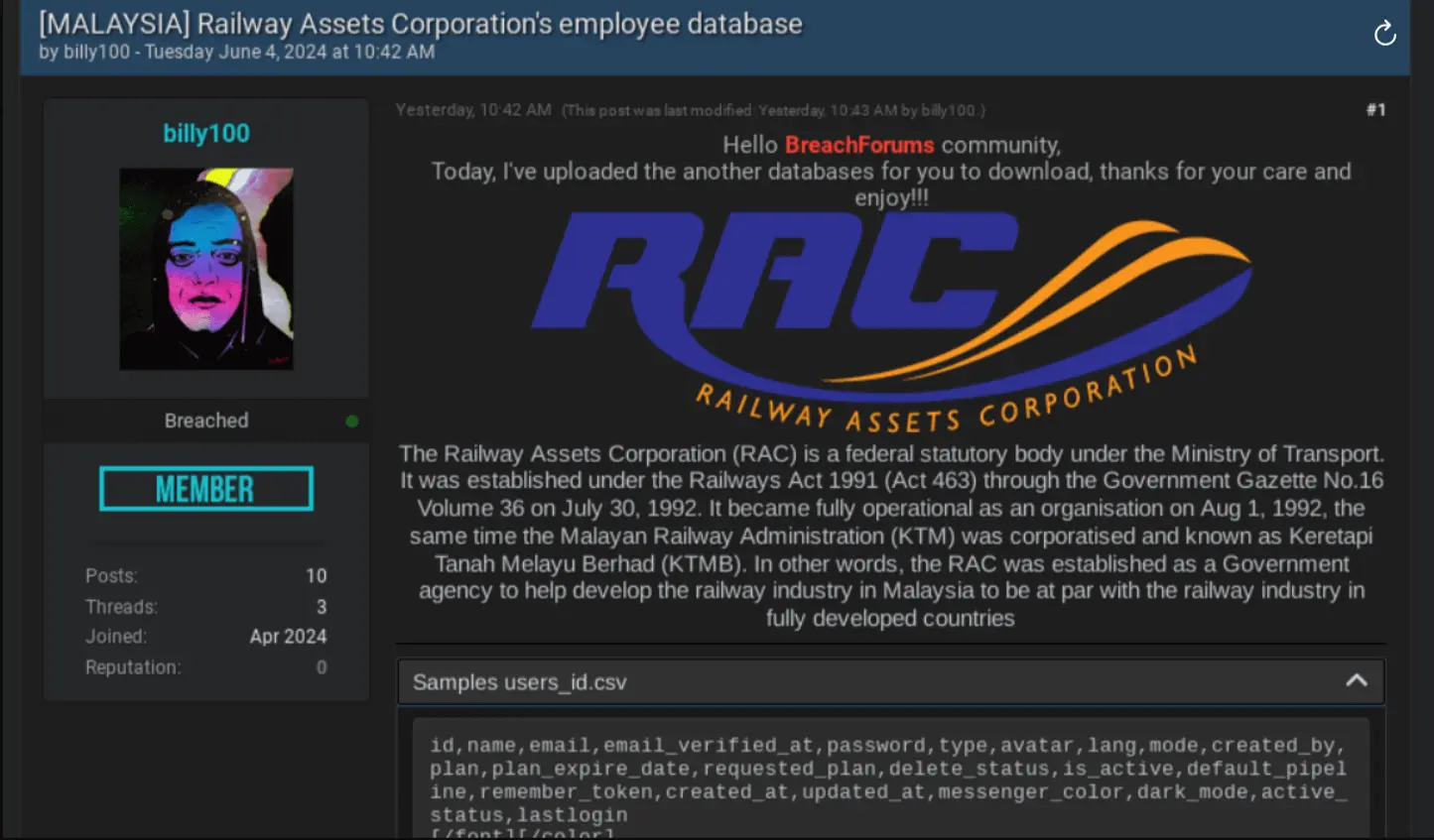 马来西亚铁路资产公司 (RAC) 面临数据泄露指控