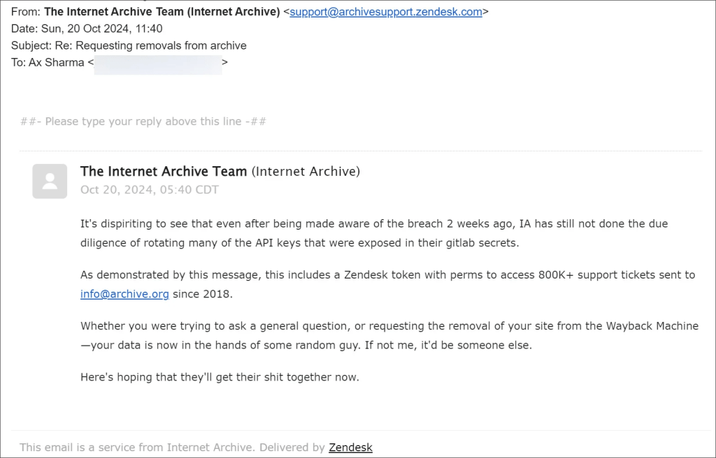 Internet Archive Zendesk emails sent by the threat actor
Source: BleepingComputer