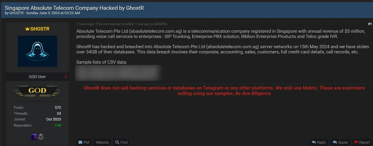 新加坡 Absolute Telecom 涉嫌遭受网络攻击：超过 34GB 数据被泄露