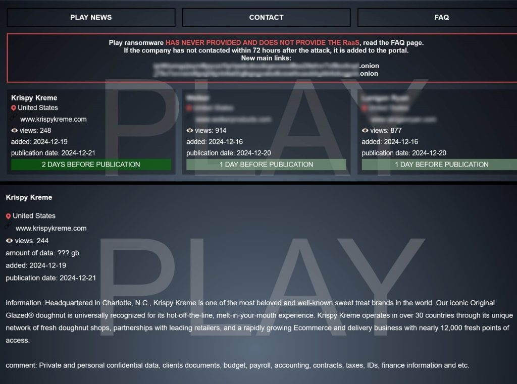 Play 勒索软件声称 Krispy Kreme 泄露，威胁数据泄露