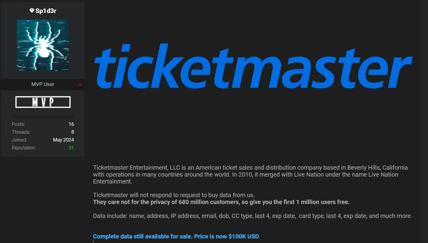 Ticketmaster 数据泄露：黑客声称免费泄露 100 万条客户记录