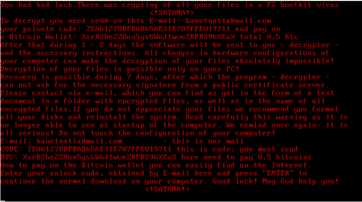 Satana勒索软件加密你计算机的BOOT，阻止你启动