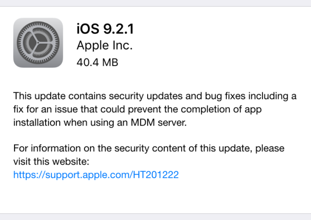 iOS 9.2.1 更新已经推送，修补了CVE-2016-1717